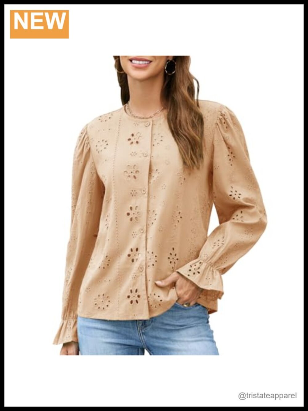 Women Eyelet Long Sleeve Cotton Blouse Embroidered Ruffle Button Up